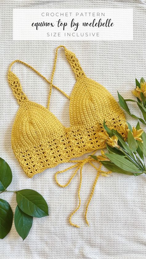 A yellow crochet crop top sitting on a white blanket amongst yellow flowers and green leaves. Text reads: crochet pattern, equinox top by noelebelle, size inclusive Crochet Cotton Top Free Patterns, Crochet Top Straps, Crochet Straps For Tops, Crochet Bralette Pattern Free, Crochet Bra Top, Amigurumi Inspiration, Large Crochet Hooks, Bralette Pattern, Crochet Friends