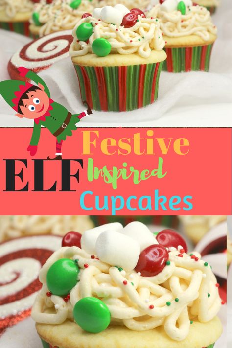 elf_inspired_cupcakes Elf Movie Cupcakes, Movie Treats, Movie Cupcakes, French Vanilla Cake, Christmas Sprinkles, Vanilla Cake Mixes, Elf Movie, Cupcake Pan, Buddy The Elf