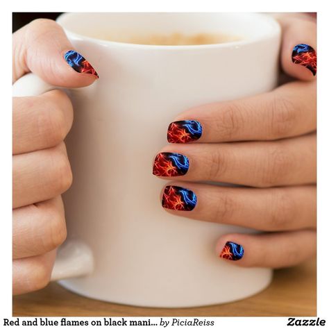 Red And Blue Nails Design, Blue Flame Nails, Red And Blue Nails, Halloween Bat Nails, Red Black Nails, Flame Nails, Red Flames, Black Manicure, Abstract Nail Art