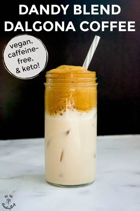 This caffeine-free, vegan, and keto Dalgona coffee is special -- it's made with absolutely NO coffee! Not even decaf. With liver-supporting herbs and no acidity, you will swoon over this healthy Dandy Blend Whipped Coffee recipe! #allthenourishingthings #dalgonacoffee #herbalcoffee #caffeinefree #vegan #coffee #keto #dairyfree #dandyblend Dandy Blend, Keto Sweetener, Whipped Coffee Recipe, Cold Drinks Recipes, Korean Coffee, Herbal Coffee, Whipped Coffee, Coffee Substitute, Coffee Ingredients