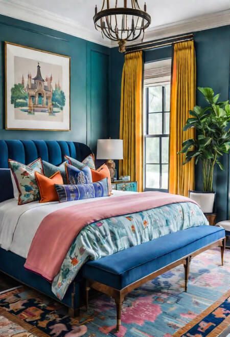 How to Decorate with Bright and Bold Colors Without Looking Juvenile Room Inspo Maximalist, Room Inspo Colorful, Moody Romantic Bedroom, Dark Feminine Bedroom, Vintage Eclectic Home, Vibrant Bedroom, Maximalist Bedroom, Bright Room, Bedroom Dark