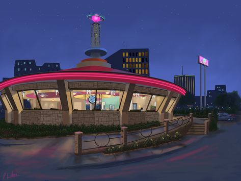 Here's the exterior of my fantasy retro diner. I set the main floor level up 3-4 ft. so the seated patrons view looks above the parked cars. #Retro #Diner Retro Futurism Restaurant, Retro Diner Exterior, Futuristic Diner, Diner Exterior, Futuristic Landscape, Space Restaurant, Diner Aesthetic, 1950s Diner, Mechanical Projects