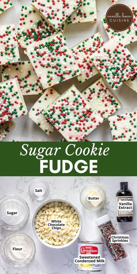 This rich Sugar Cookie Fudge brings sugar cookie flavor to creamy, decadent fudge. Holiday sprinkles make these super festive for a Christmas dessert tray. Christmas Tray Cookies, Instant Pot Fudge, Sugar Cookie Fudge Christmas, Christmas Baked Goods Gifts Easy Diy, Christmas Cookie Fudge, Sugar Cookie Fudge Recipe, Christmas Dessert Box Ideas, Christmas Sugar Cookie Fudge, Sugar Cookie Fudge