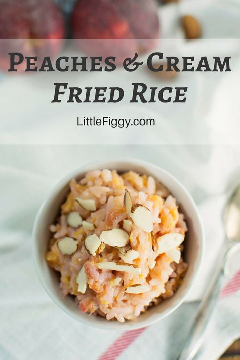 This is a great dessert recipe that is easy and quick to make, Peaches and Cream Fried Rice! It's #RootedinNutrion - Recipe @LittleFiggyFood #sponsored Peach Rice, Fried Rice And Egg Breakfast, Fried Peaches And Cream, Fried Rice Leftover White Rice, Tomato Egg Fried Rice, Almond Benefits, Vegan Ice Cream Recipe, Global Cuisine, Peaches Cream