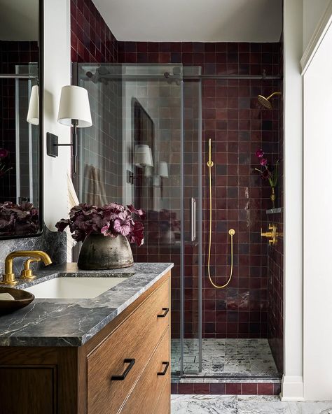 Burgundy Bathroom, Moody Bathroom, Zellige Tile, Emily Henderson, Shower Surround, Up House, Bathroom Trends, Dream House Decor, Beautiful Bathrooms