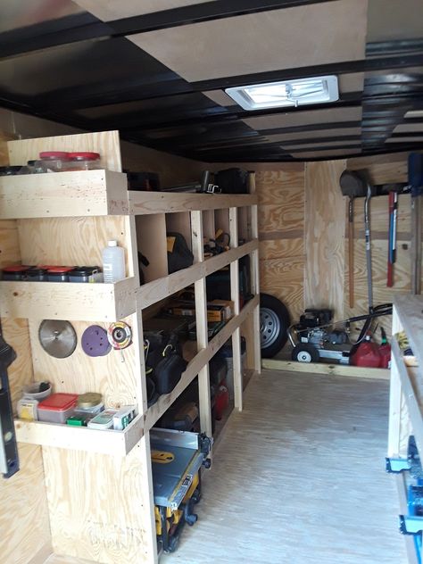 Tool Trailer Organization Ideas, Enclosed Trailer Shelving Ideas, Enclosed Trailer Storage, Work Van Organization, Tool Trailer Ideas, Enclosed Trailer Ideas, Trailer Shelving, Trailer Workshop, Shed Organizing