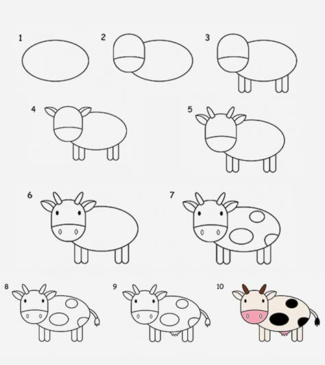 Do you want to show your kid how to draw a cow in some easy steps? If yes, here are two easy tutorials to draw a cow step by step for kids! Drawing Cow Easy, A Cow Drawing, Simple Cow Drawing, Easy Cow Drawing, Simple Drawings For Kids, Draw Cow, Cow Drawing Easy, Draw A Cow, Animals Step By Step