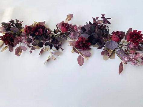 Burgundy And Purple Wedding, Wedding Ideas Burgundy, Burgundy Wedding Ideas, Silk Flower Garland, Table Runner Flower, Burgundy Table Runner, Burgundy Red Wedding, Flower Words, Eucalyptus Garland