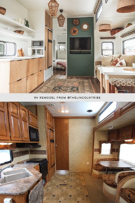 Peek inside this family-friendly Toy Hauler remodel with an earthy, modern interior / Photo and Renovation from @thelincolntribe #rvrenovation #renovatedrv #fifthwheel #toyhauler #campermakeover #designvibes #glamper #glamping #rvremodel #rvinspiration #rvdecorideas #glamping #camperremodel #modernrv #moderncamper #terracotta #earthymodern #tinyhome #moderndesert #earthyinterior Fema Trailer Remodel, Earthy Camper Renovation, Earthy Rv Remodel, Earthy Camper Interior, Toy Hauler Bedroom, Motorhome Kitchen Remodel, Open Floor Plan Camper, Toy Hauler Remodel Interiors, Old Fifth Wheel Remodel