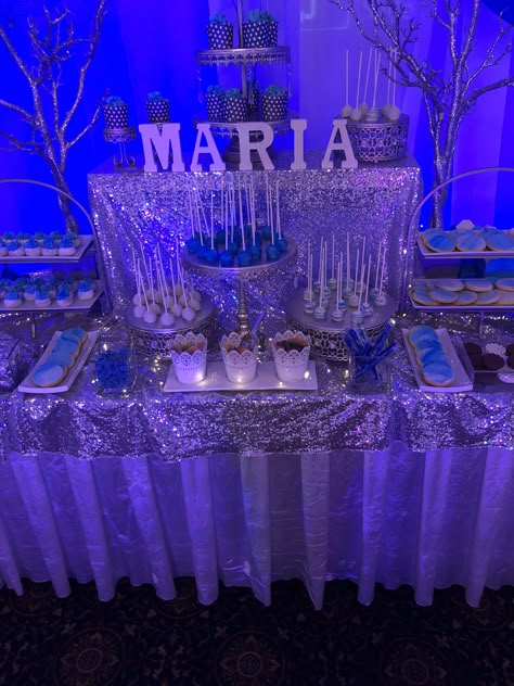 Bling Sweet 16 Ideas, Blue Sweet 16 Decorations Theme Parties, Blue Sweet Sixteen Party Ideas, Silver Theme Birthday Party Decoration, Sweet 16 Themes Blue, Quinceanera Navy Blue Decorations, Sweet 16 Party Ideas Royal Blue And Silver, Navy Blue And Silver Sweet 16, Diamond Sweet 16 Theme