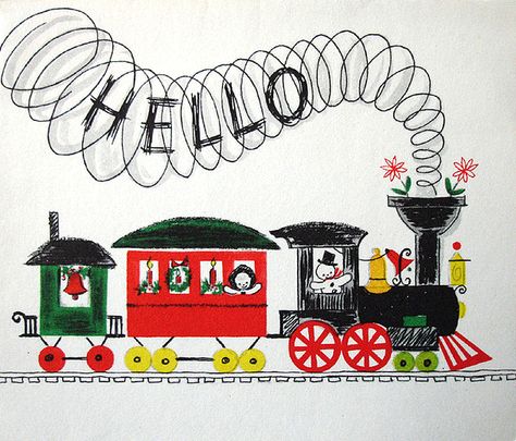 Early 1960s Vintage Christmas Card Train Painting, 1960s Christmas, Train Drawing, Jingle Jangle, A Vintage Christmas, Vintage Snowman, Merry Christmas Happy New Year, Modern Illustration, Vintage Christmas Card