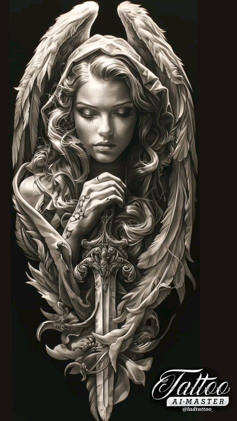 Vampire Tattoo Designs, Dark Angel Tattoo, Angel Warrior Tattoo, Angel Sculpture Art, Viking Warrior Woman, Barcode Tattoo, Vampire Tattoo, Archangel Tattoo, Flower Thigh Tattoos