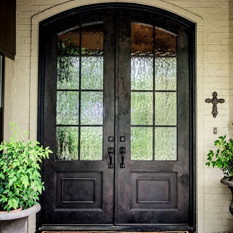 GID Pre-Hung Doulble Iron Front Door With Aquatex Glass ED433 Beautiful Entry Doors, Craftsman Front Door Ideas, Farmhouse Double Front Door, Front Double Door Ideas, Iron Front Door Double, Craftsman Front Door, Wide Front Doors, Wrought Iron Doors Front Entrances, Black Exterior Doors