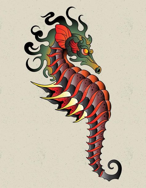 Traditional Seahorse Tattoo, Seahorse Tattoo Design, Traditional Compass Tattoo, Traditional Sailor Tattoos, Neo Tattoo, Seahorse Tattoo, Ancient Tattoo, Traditional Tattoo Sleeve, Nautical Tattoo