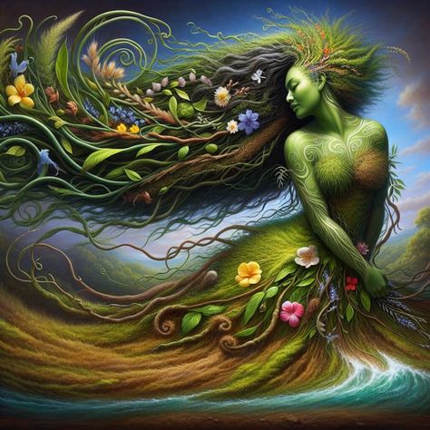 Papatuanuku - Earth Mother with River Hair and Native Flora Dress | AI Art Generator | Easy-Peasy.AI Maori Goddess, Mother Earth Artwork, Goddess Taurus, Maori Mythology, Plaster Ideas, Mother Earth Art, Mother Gaia, Earth Mother, Healing Garden