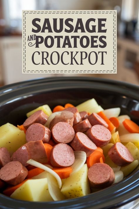 Sliced sausage, potatoes, carrots, and onions in a crockpot, with text saying "Sausage and Potatoes Crockpot". Easy Healthy Meals Crockpot Dump Dinners, Crockpot Recipes Polish Sausage, Slow Cooker Potatoes And Sausage, Sausage Potatoes Crockpot Recipes, Sausage Potatoes And Peppers Crockpot, Crockpot Brats And Potatoes, Swamp Potatoes Crockpot, Sausage Potato Crockpot Soup, Easy Crockpot Recipes With Potatoes