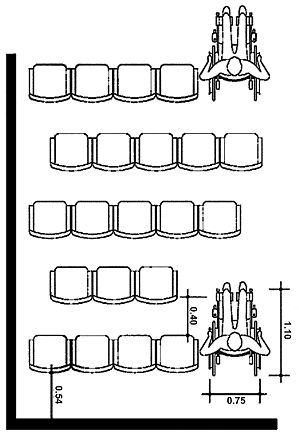 Level floor area for wheelchairs in row ends in a variety of seating locations. Lecture Theatre Design, Cinema Design Architecture, Interior Architecture Presentation, Accessible House Plans, Auditorium Plan, Accessibility Design, Church Design Architecture, Accessible House, Church Building Design