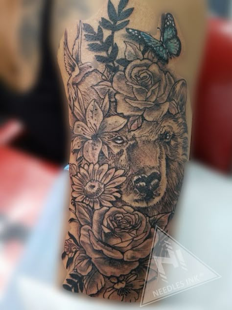 Bear And Butterfly Tattoo, Bear Butterfly Tattoo, Flower Bear Tattoo, Feminine Bear Tattoo For Women, Bear Floral Tattoo, Bear And Flowers Tattoo, Bear With Flowers Tattoo, Bear Flower Tattoo, Floral Bear Tattoo