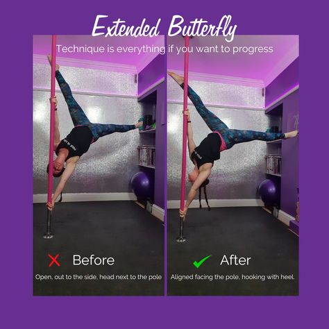 if you are looking to progress and do advanced level tricks like Ayesha, you're going to want to look at your technique for moves like Extended Butterfly. Now there is nothing wrong with the 'Before' pic if this is the look you are going for, being more side on,  But if you want to work on levelling up, defo set yourself up for success and realign yourself.  You can access the tutorial for this one in Higher Intermediate Pole Foundations -Lesson 4.  Not a member? - Join us! Pole Tricks, Pole Moves, Level Up, Foundation