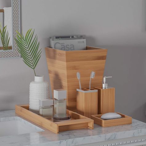 AmazonSmile: 5-Piece Bathroom Decor Set - Bamboo Bathroom Accessories Set with Trash Can, Soap Dish, Soap Dispenser, Toothbrush Holder, and Tray by Lavish Home : Home & Kitchen Bamboo Bathroom Decor, Bamboo Bathroom Accessories, Wood Bath, Bamboo Bathroom, Bathroom Accessories Set, Vanity Accessories, Bathroom Decor Sets, Bathroom Counter, Bathroom Accessories Sets