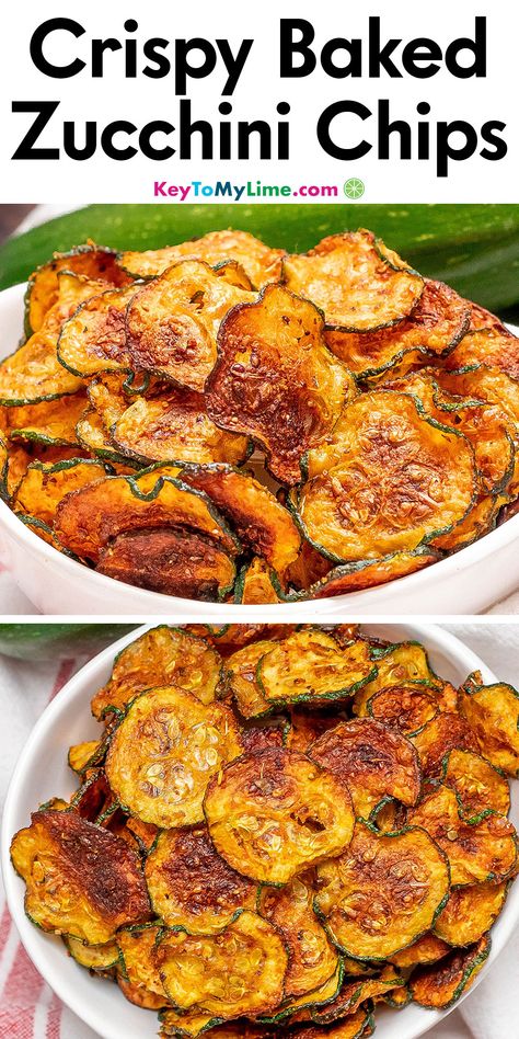 Two images of zucchini chips, with title text at the top. Crispy Baked Vegetables, How To Bake Zucchini In The Oven, Zucchini Chips In Oven, Air Fried Zucchini Chips, Zucchini Chips Baked Air Fryer, Keto Zucchini Chips Baked, Air Fryer Zucchini Chips Healthy Snacks, Zucchini Chips Oven, Oven Baked Zucchini Chips