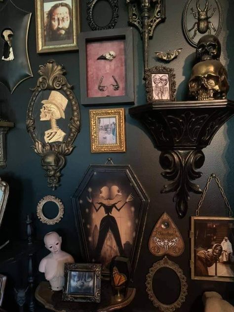 Goth Frame Wall, Gothic Picture Wall, Spooky Maximalism, Goth Gallery Wall, Curio Wall, Gothic Gallery Wall, Macabre Decor, Gothic Wall Decor, Curio Shelf