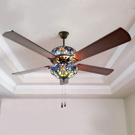 - Double-Lit Ceiling Fans with Lights - Unique Lighting & Ceiling Fans - Charming Antique Ceiling Fan Light Fixture - Halston - Blue #AD Fun Ceiling Fan, Stained Glass Ceiling Fan, Whimsical Ceiling Fan, Antique Ceiling Fans, Stained Glass Ceiling, Rustic Ceiling Fan, Tiffany Style Lighting, Rustic Ceiling, Ceiling Fan Light Kit