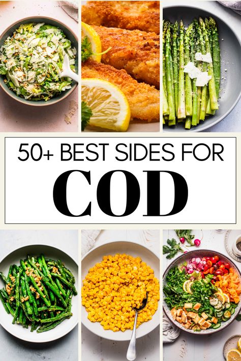 Wondering what the best side dishes for cod are? I've got you covered with this handy guide of tasty sides. From salads, to veggies, starches and more! Sides For Cod Fish, Side Dishes For Cod Fish Dinners, Sides For Cod, Cod Side Dishes, Sides That Go With Fish, Side Dishes For Cod, Sides With Fish, Sides For Fish, Side Dish For Fish