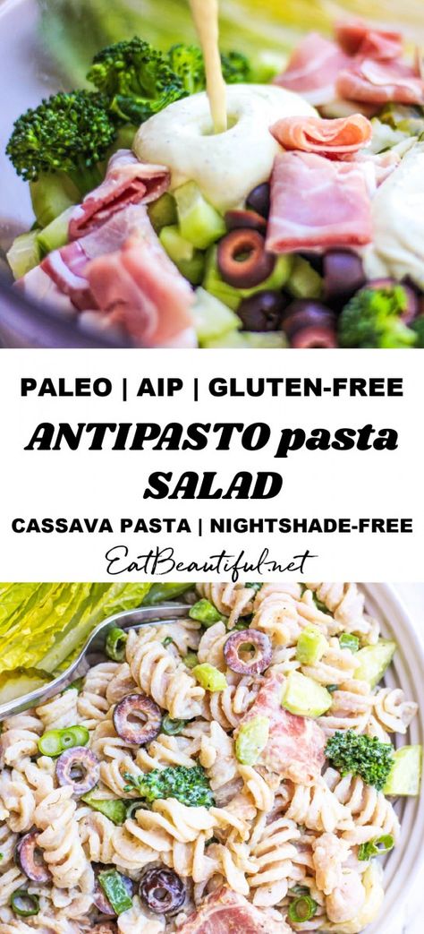 Paleo & AIP Antipasto Pasta Salad is a classic pasta, meat and veggie favorite! with a delicious creamy dairy-free homemade dressing. It makes a great casual meal, lunch or dinner, can serve guests without stress and is great for a picnic. Gluten-free & Grain-free. | Eat Beautiful Recipes | paleo | aip | gluten free | grain free | pasta salad | pasta | antipasto | cassava pasta | jovial | nightshade free || #paleo #aip #glutenfree #pasta #salad #cassava Cassava Pasta, Antipasto Pasta Salad, Grain Free Pasta, Antipasto Pasta, Aip Diet Recipes, Paleo Pasta, Nightshade Free Recipes, Antipasto Pasta Salads, Eat Beautiful