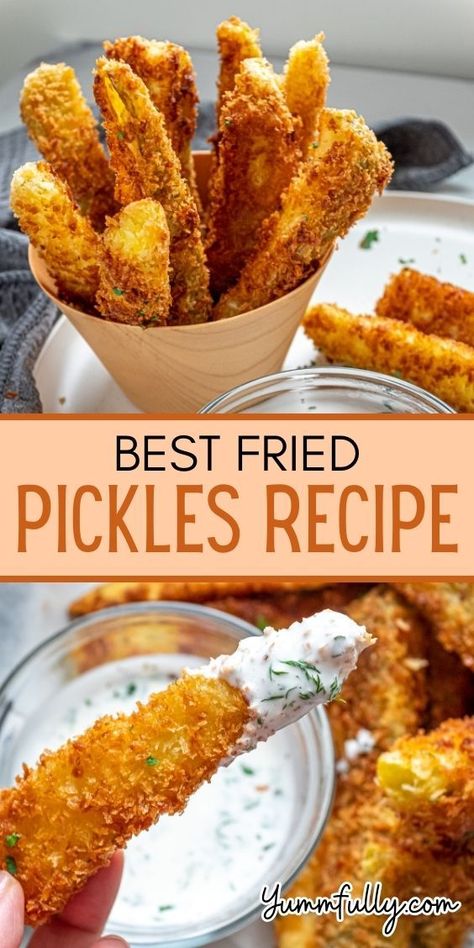 Satisfy your cravings for crunchy and tangy goodness with our Best Fried Pickles Recipe, which delivers perfectly seasoned and fried pickle slices that are crispy on the outside and irresistibly juicy on the inside. If you’re eager to discover this delightful snack or eager to explore a world of delicious recipes, simply click here for a journey that will leave your wanting more! Fried Pickle Fries, Deep Fried Pickle Spears, Pluckers Fried Pickles Recipe, Fried Pickles Spears, Easy Fast Food Recipes, Best Fried Pickles Recipe, Recipes With Pickles, Deep Fried Pickles Recipe, Easy Fast Snacks