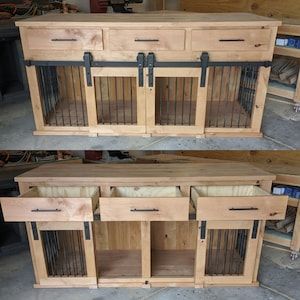 Triple Dog Kennel, Dog Cabinet, Custom Dog Crate, Custom Dog Kennel, Rustic Farmhouse Furniture, Diy Dog Crate, Dog Kennel Furniture, Diy Dog Kennel, Crate Bed