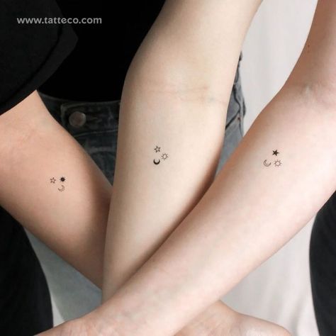 20 Cute Matching Trio Tattoos For Best Friends Matching Trio Tattoos, Trio Tattoos, Matching Trio, Moon Sun Tattoo, Tattoos For Best Friends, Ribbon Tattoos, Best Friend Couples, Sun Tattoos, Peonies Tattoo