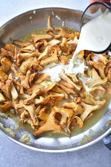 The best creamy chanterelle sauce recipe. It's made with heavy cream, garlic, and parsley. It's a must-try during the short chanterelle season! #chanterellesauce #creamysauce #chanterelles Chanterelles Mushrooms Recipes, Chantrell Mushrooms Recipes, Chantrell Mushrooms, Chanterelle Sauce, Steak Cream Sauce, Chanterelle Mushroom Recipes, Chanterelle Recipes, Wild Mushroom Recipes, Mushroom Sauce Recipe