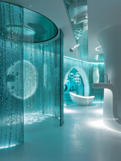 Water Room Aesthetic, Blue Frutiger Aero, Frutiger Aero Bathroom, Frutiger Aero Interior, Frutiger Aero House, Blue Futuristic Aesthetic, Frutiger Aero Bedroom, Frutiger Aqua, Futuristic Bathroom Design