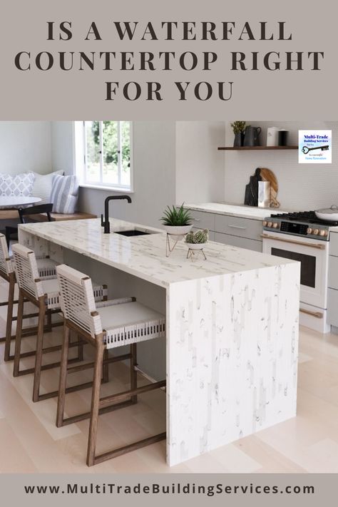 Waterfall countertops have been a growing trend for the past 10 years! Adding stunning elegance and creating a jaw-dropping focal point, they become a sculptural object in a contemporary or modern home. Learn more about the beauty of waterfall countertops as we also explore the pros and cons of this elegant design statement. #waterfallcountertop #quartzcountertop White Quartz Countertop Waterfall, Waterfall Cabinets Countertops, Quartz Countertops Waterfall Edge, Waterfall Countertop Island One Side, Waterfall Islands In Kitchen, Water Fall Island Kitchen, Waterfall Quartz Island, Kitchen Waterfall Islands, Waterfall Edge Countertop