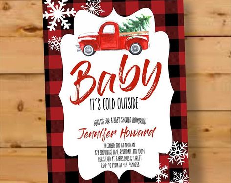 Christmas Truck With Tree, Red Christmas Truck, Plaid Baby Shower, Adult Christmas Party, Christmas Cocktail Party, Winter Baby Shower Invitations, Winter Wonderland Birthday, Winter Birthday Parties, Outside Baby Showers