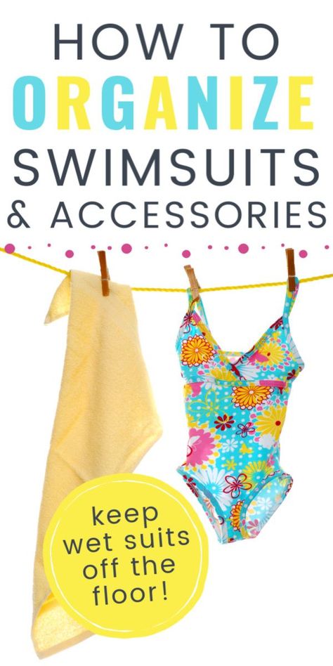 Find out how to organize swimsuits and accessories!  Summer is just around the corner!  If you have kids, that means wet swimsuits and towels rolled up on your bathroom floor.  If you're fed up with pool accessories being strewn all over your house, you need to check out this post!  This is an easy solution for keeping wet bathing suits from taking over your bathroom.  Even if you don't have a pool in your backyard, these tips can still help you organize your summer accessories. How To Store Swimsuits In Closet, How To Organize Bathing Suits, How To Store Bathing Suits, Organize Swimwear, Bathing Suit Storage Ideas, Bathing Suit Organization, Bathing Suit Storage, Pool Organization, Suit Storage