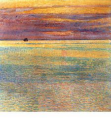 1911 Sunset at Sea - Frederick Childe Hassam Visual Elements Of Art, Frederick Childe Hassam, Sunset At Sea, Sea Scape, Beach Paintings, American Impressionism, Childe Hassam, Amazing Artists, Principles Of Art