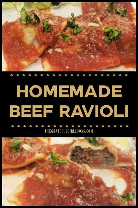 Learn how to make Homemade Beef Ravioli from scratch (pasta & filling). Top with marinara sauce and enjoy this delicious, Italian dish! via @gratefuljb Homemade Sausage Ravioli Recipe, Homemade Beef Ravioli Filling, Ground Beef Ravioli Filling, Dairy Free Ravioli Filling, Ravioli Recipe Filling Meat Ground Beef, Ravioli Filling Ideas Meat, Beef Ravioli Filling Recipe, Meat Ravioli Filling, Homemade Meat Ravioli