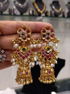 Stunning Gold Plated Silver Jhumkas From Samskruthi Jewellers ~ South India Jewels Jumkas Gold With Grams, Polki Jhumkas, Gold Jhumkas, Jhumkas Earrings, Silver Jhumkas, Rice Pearls, Temple Jewelry, Gold Necklace Indian Bridal Jewelry, Indian Jewellery Design Earrings