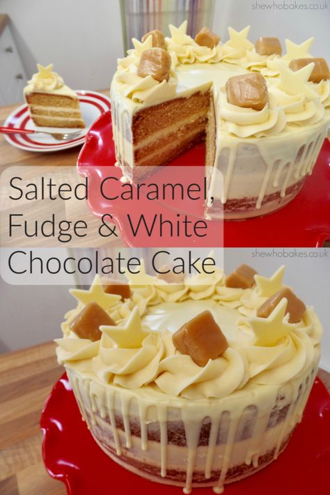 White Chocolate And Caramel Cake, Caramel Fudge Cake, Fudge White Chocolate, Cadbury Recipes, White Chocolate Desserts, Cake Slices, White Chocolate Cake, Salted Caramel Fudge, The Great British Bake Off