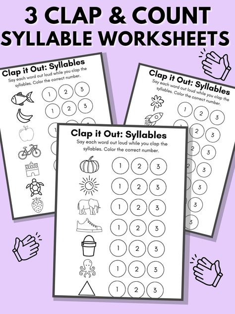 Syllables First Grade, Syllables Worksheets For Kindergarten, Syllable Worksheets Kindergarten Free, Counting Syllables Worksheet, Syllables For Kindergarten, What Is A Syllable, Syllables Worksheet, Prek Syllable Activities, Syllables Kindergarten