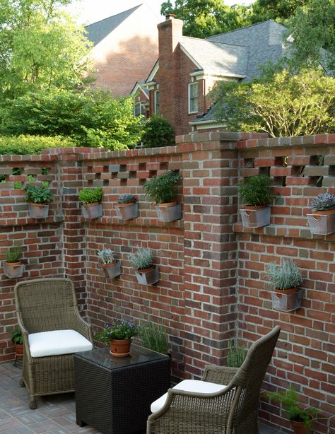 Plants On Brick Wall Outdoor, Brick Wall On Patio, Brick Wall Design Outdoor, Backyard Brick Wall Ideas, Brick Wall Plants, Brick Garden Wall, Back Yard Brick Wall, Tall Brick Garden Wall, Patio Wall Planters