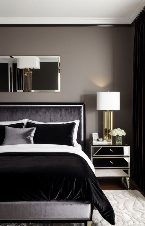 Create a chic black aesthetic in your bedroom by incorporating velvet accents, such as a black velvet headboard and throw pillows. Add a touch of baddie style with a mirrored nightstand and a stylish neon sign as a focal point. Black Comforter Bedroom Aesthetic, Black Velvet Bed Bedroom Ideas, Black Aesthetic Bedroom, Black Bedroom Accent Wall, Bedroom With Black Accents, Glam Chic Bedroom, Black Velvet Headboard, Main Bedroom Ideas Master Suite, Black Velvet Bed