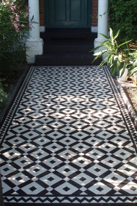 London Mosaic | Victorian Floor Tiles | Pathway | Contact us now for a free quote on 020 8699 0820 or email us at info@londonmosaic.com | #pathway #londonmosaic #mosaic #tiles #floortiles #victoriantiles Victorian Front Garden, Black And White Tile, Balcony Tiles, Victorian Floor Tiles, Paving Design, Victorian Floor, Porch Tile, Tiled Hallway, Balcony Flooring