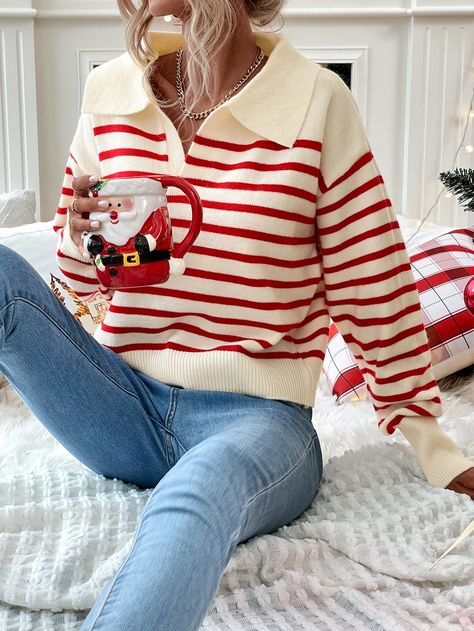 Red Striped Sweater Outfit, Red Striped Sweater, Striped Sweater Outfit, Drop Shoulder Sweater, Europe Outfits, Women Sweaters, Drop Shoulder Sweaters, Red Stripe, Fall Sweaters