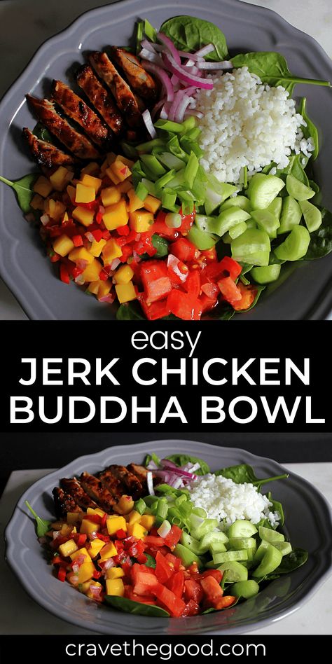 Chicken Buddha Bowl, Easy Jerk Chicken, Buddha Bowls Recipe, Healthy Bowls Recipes, Raw Spinach, Rice Bowls Recipes, Summer Menu, Healthy Bowls, Lunch Bowl