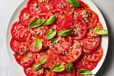 Tomato Carpaccio Recipe Tomato Carpaccio, Carpaccio Recipe, Granita Recipes, Sliced Tomatoes, Tomato Salad Recipes, Virgin Oil, Summer Tomato, Nyt Cooking, Sour Cream And Onion