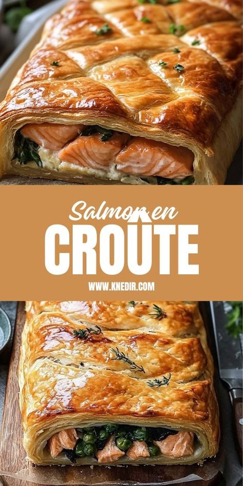 🐟 Impress your guests with Salmon en Croûte, a stunning French-inspired dish that's as delicious as it is beautiful! Flaky salmon wrapped in golden puff pastry with a savory herb filling—this recipe is a must-try for special occasions or date nights. 💕 Serve with a crisp salad or roasted veggies for a complete gourmet experience. Ready to cook like a chef? 👩‍🍳🍷 #SalmonEnCroute #SeafoodRecipes #DinnerPartyInspo #GourmetCooking #FrenchCuisine Salmon En Croute Recipe, Cook Like A Chef, Salmon En Croute, Salmon Wellington, Crisp Salad, Savory Herb, Healthy Salmon, Salmon Pasta, Gourmet Cooking