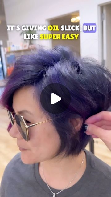 Emily Chen on Instagram: "I freaking LOVE vivids over grey hair. The greys act like “highlights”, so there’s no lightening needed, making this the easiest & HEALTHIEST vivid application ever. 

Formula: 
Purple - Goldwell Elumen 3 parts BL•all, 2 parts VV•all
Pink - straight PK•all 

Styling:
@babylissprousa Prima 3300 iron (for you Prima iron fans, this is a NEW SIZE) & 1” Marcel" Elumen Hair Color, Goldwell Elumen, Iron Fan, Oil Slick, Grey Hair, Hair Color, Highlights, Hairstyles, My Style